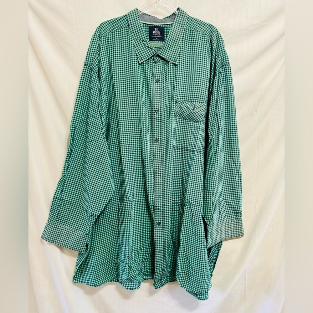 Men’s Nautica Long Sleeve Button-Up Checkered Shirt in Green, Size 5X